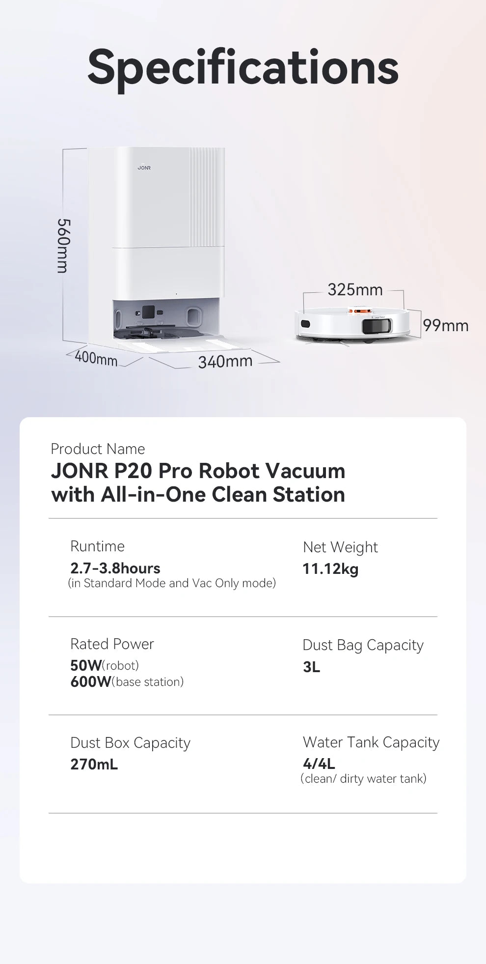 JONR Robot Vacuum P20 Pro International Edition Mopping Vacuuming Drying Wipes Automatic Cleaning Dust Collecting Drainage Water