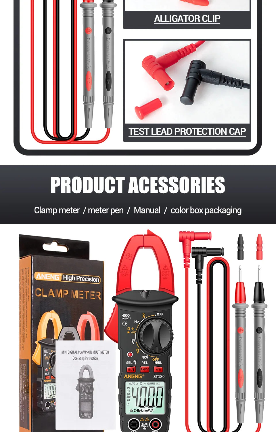 ANENG ST180 AC Current Clamp Meter Digital 4000 Counts Multimeter Ammeter Voltage Tester Car Amp Hz Capacitance NCV Ohm Tool