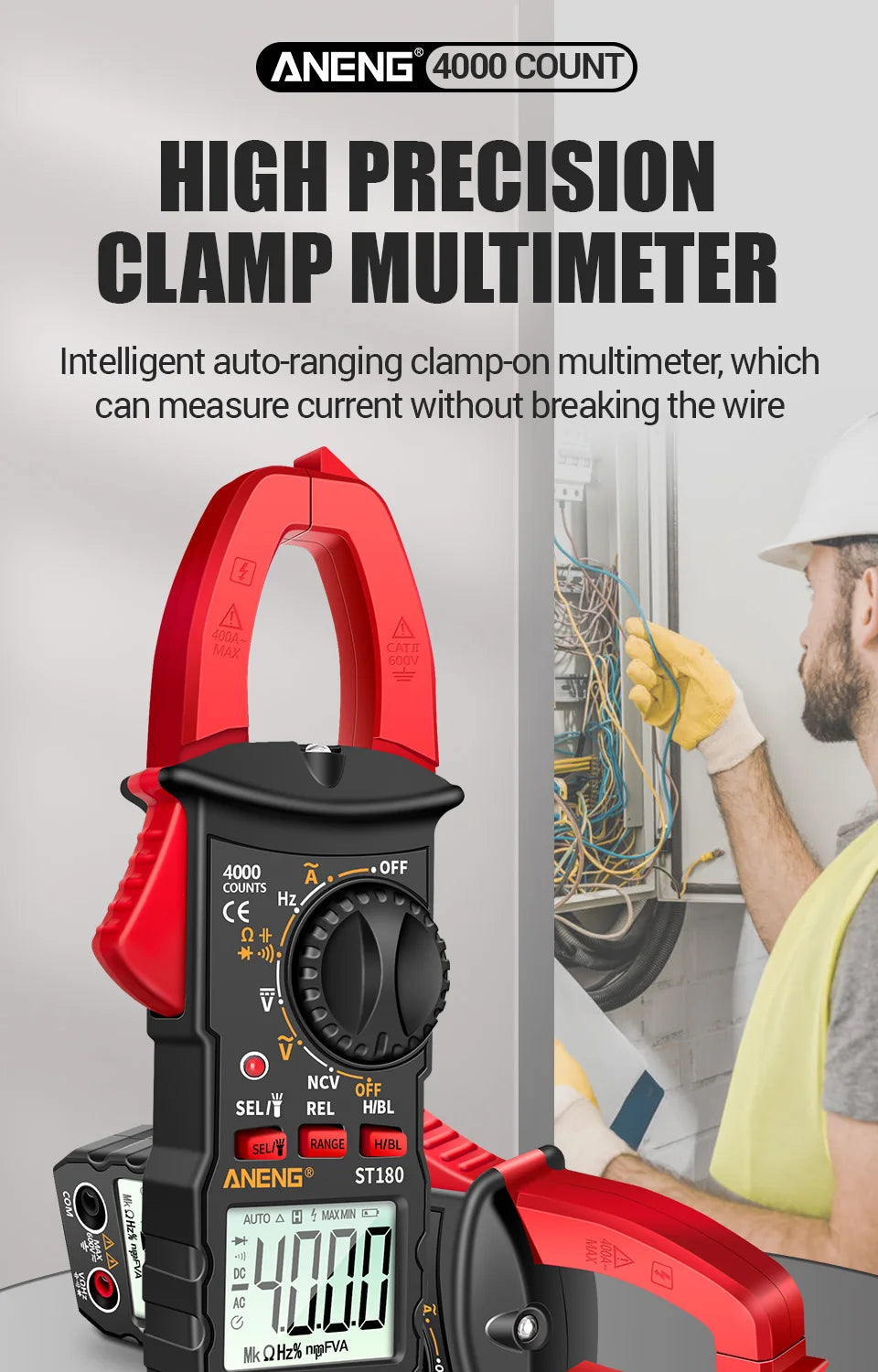 ANENG ST180 AC Current Clamp Meter Digital 4000 Counts Multimeter Ammeter Voltage Tester Car Amp Hz Capacitance NCV Ohm Tool