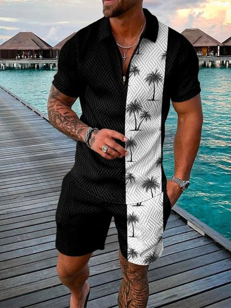 Funny Coconut Tree Print Men's Sets Summer Fashion Zip Polo Short Sleeve Tops +Shorts Outfit Hawaiian Beach Vacation Casual Suit