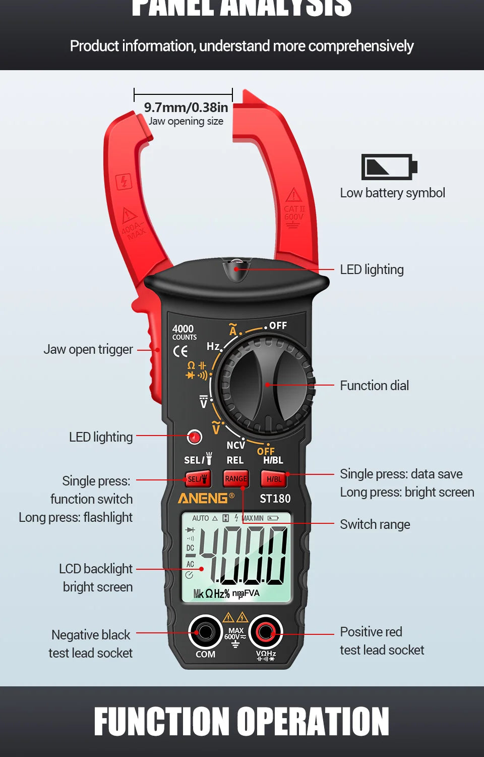 ANENG ST180 AC Current Clamp Meter Digital 4000 Counts Multimeter Ammeter Voltage Tester Car Amp Hz Capacitance NCV Ohm Tool
