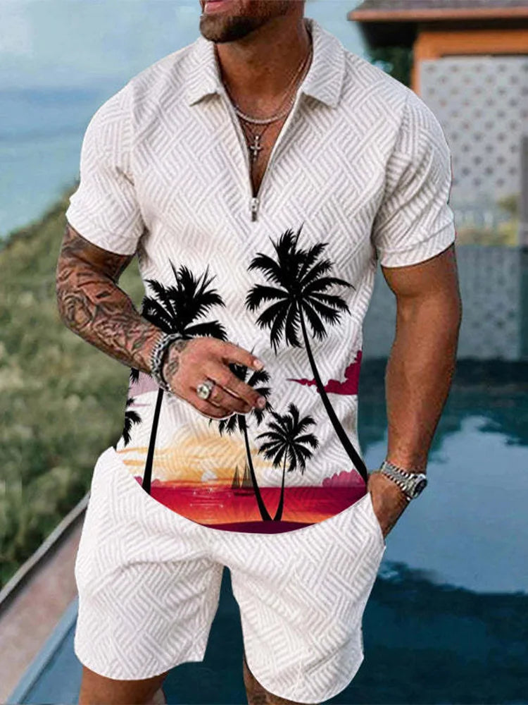 Funny Coconut Tree Print Men's Sets Summer Fashion Zip Polo Short Sleeve Tops +Shorts Outfit Hawaiian Beach Vacation Casual Suit