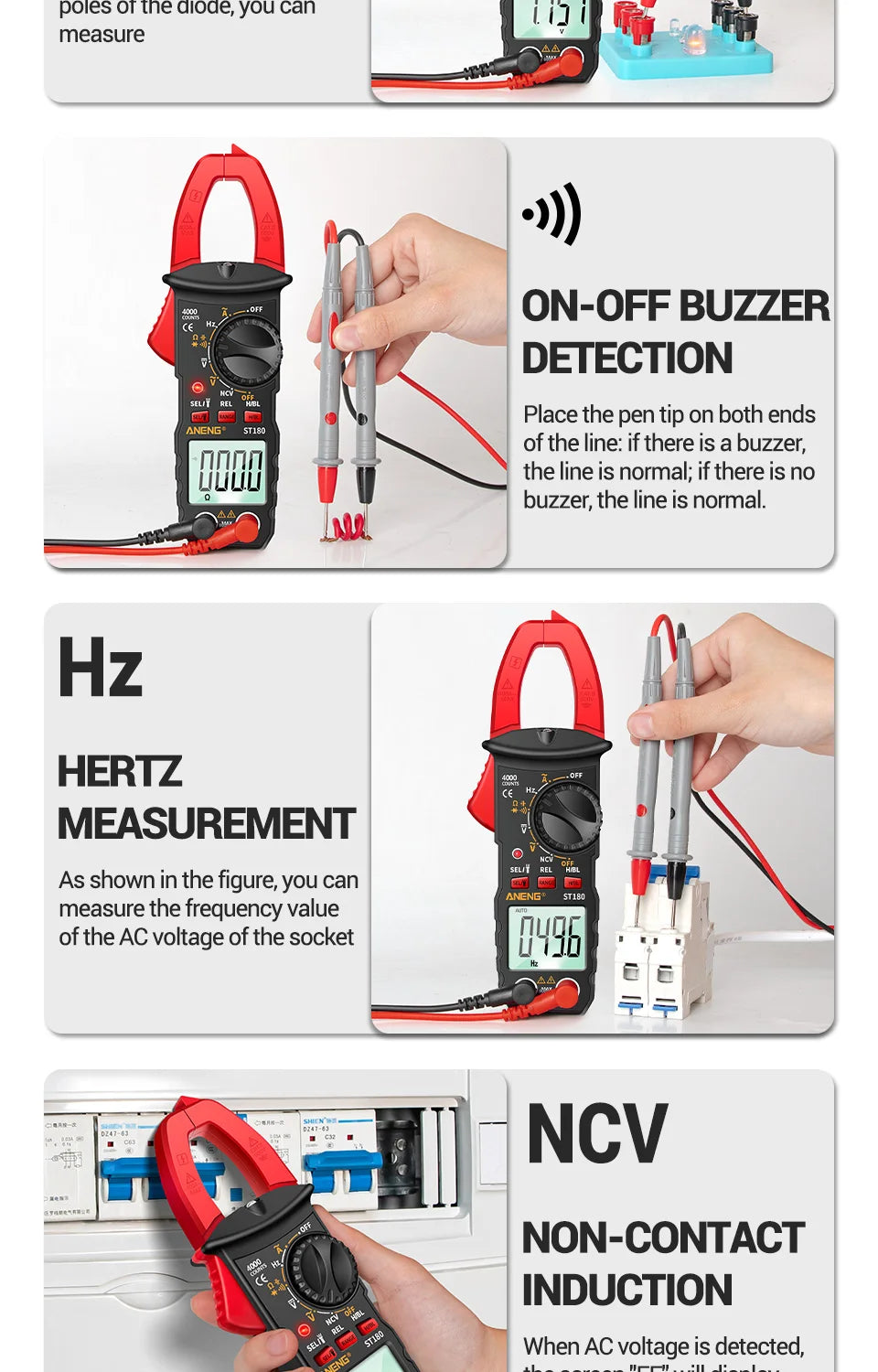 ANENG ST180 AC Current Clamp Meter Digital 4000 Counts Multimeter Ammeter Voltage Tester Car Amp Hz Capacitance NCV Ohm Tool