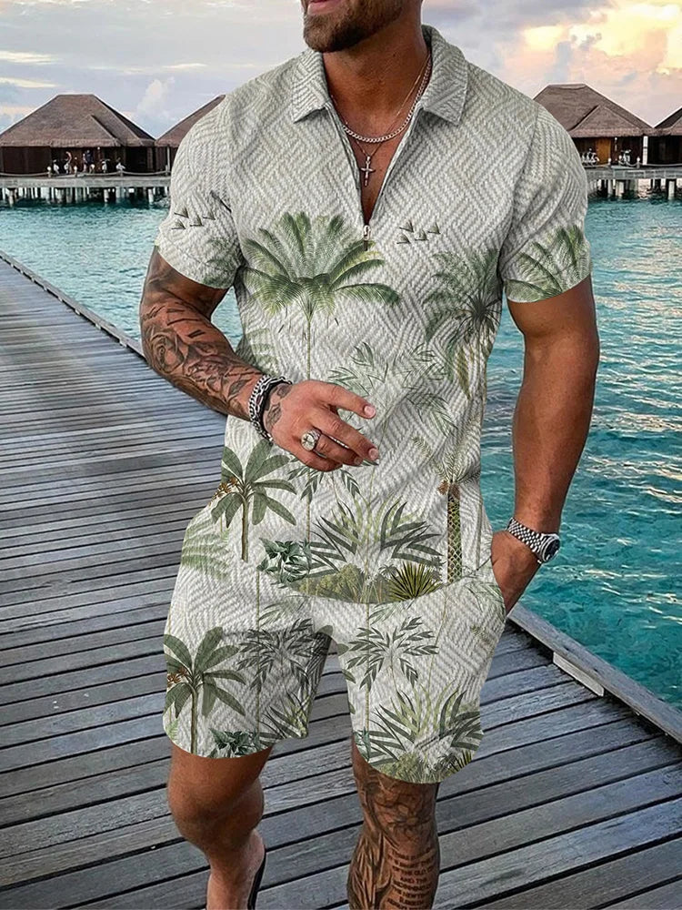 Funny Coconut Tree Print Men's Sets Summer Fashion Zip Polo Short Sleeve Tops +Shorts Outfit Hawaiian Beach Vacation Casual Suit