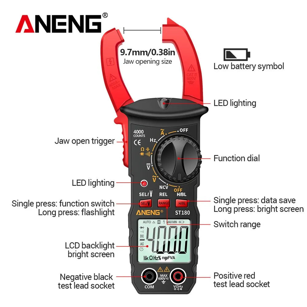 ANENG ST180 AC Current Clamp Meter Digital 4000 Counts Multimeter Ammeter Voltage Tester Car Amp Hz Capacitance NCV Ohm Tool