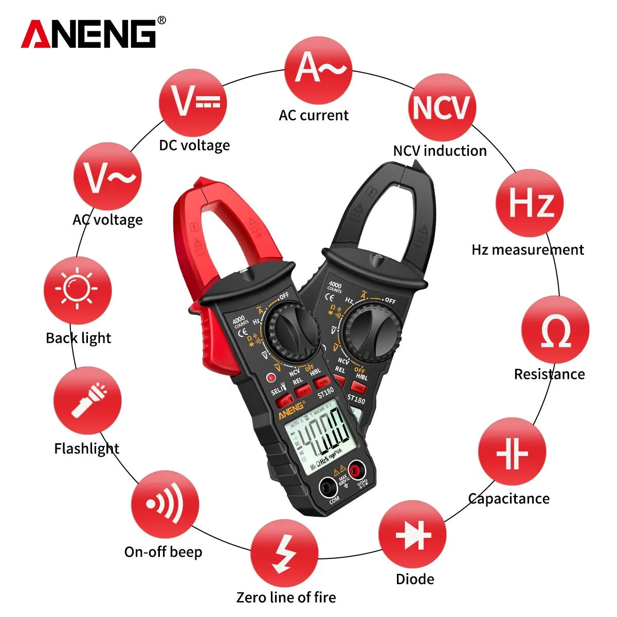 ANENG ST180 AC Current Clamp Meter Digital 4000 Counts Multimeter Ammeter Voltage Tester Car Amp Hz Capacitance NCV Ohm Tool