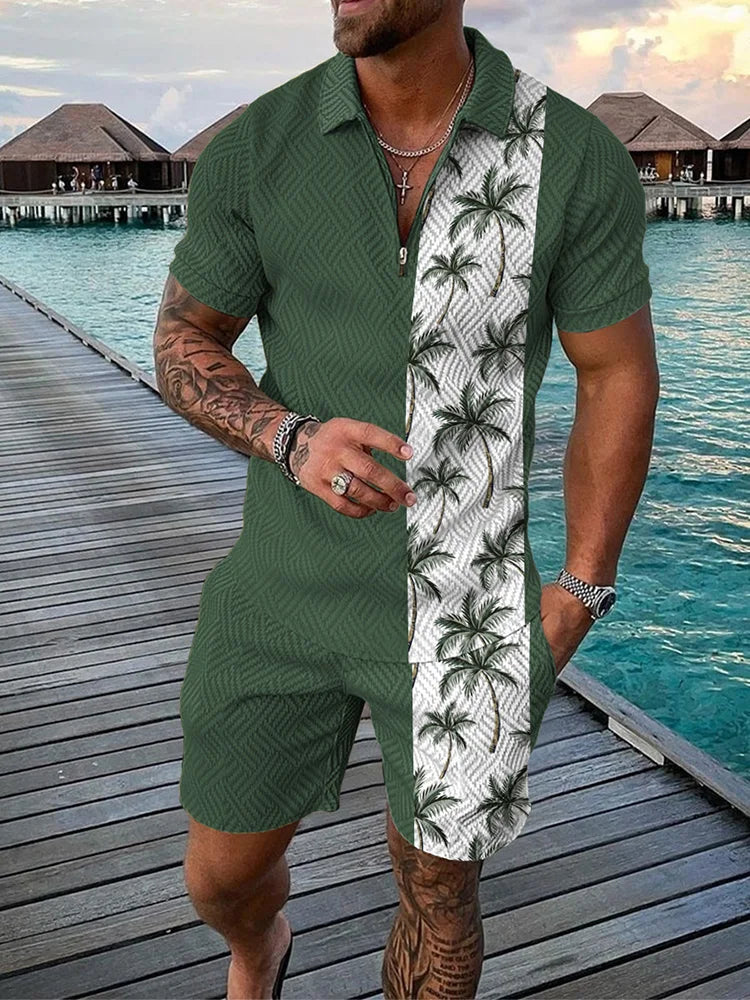 Funny Coconut Tree Print Men's Sets Summer Fashion Zip Polo Short Sleeve Tops +Shorts Outfit Hawaiian Beach Vacation Casual Suit