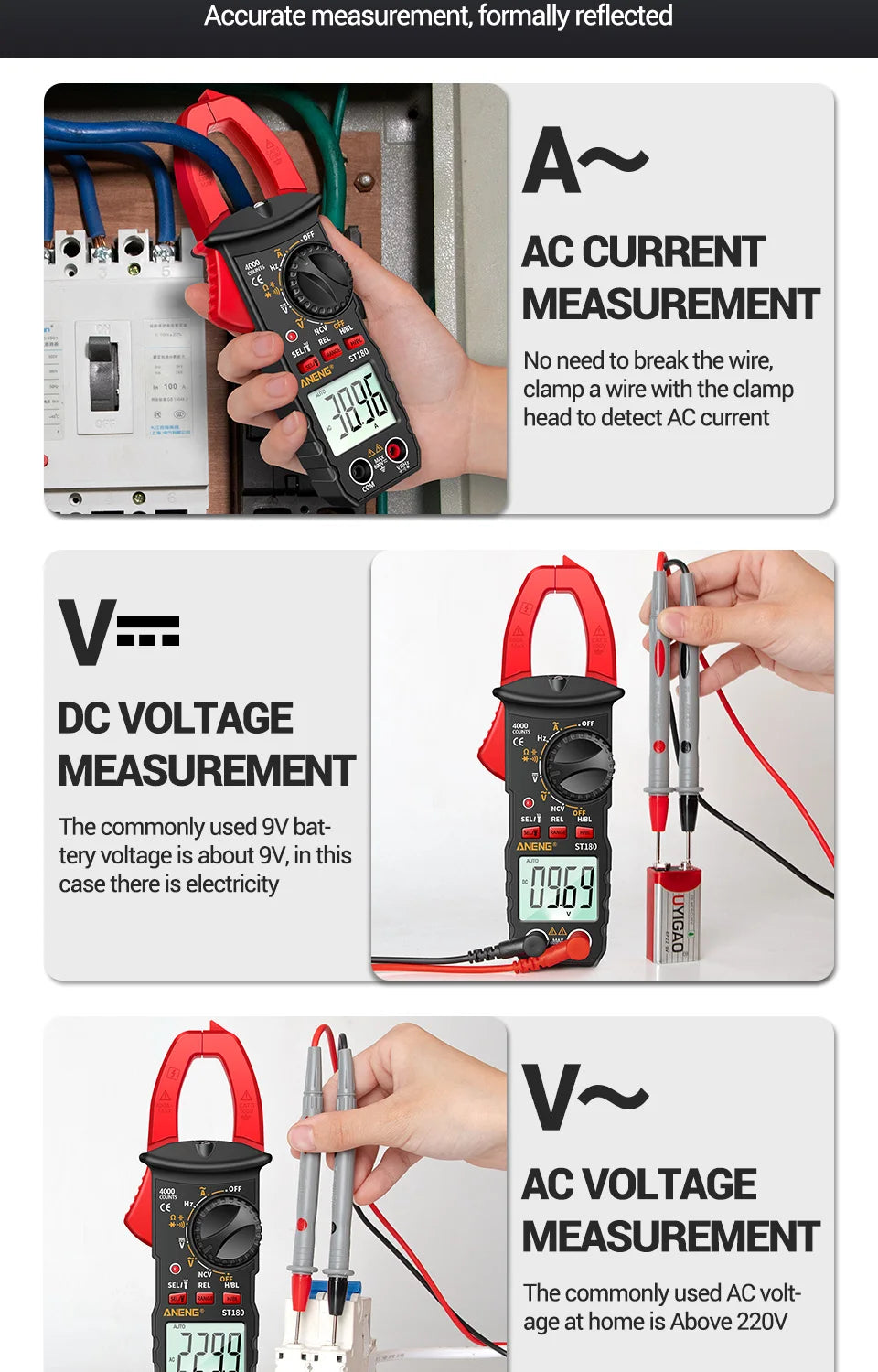 ANENG ST180 AC Current Clamp Meter Digital 4000 Counts Multimeter Ammeter Voltage Tester Car Amp Hz Capacitance NCV Ohm Tool