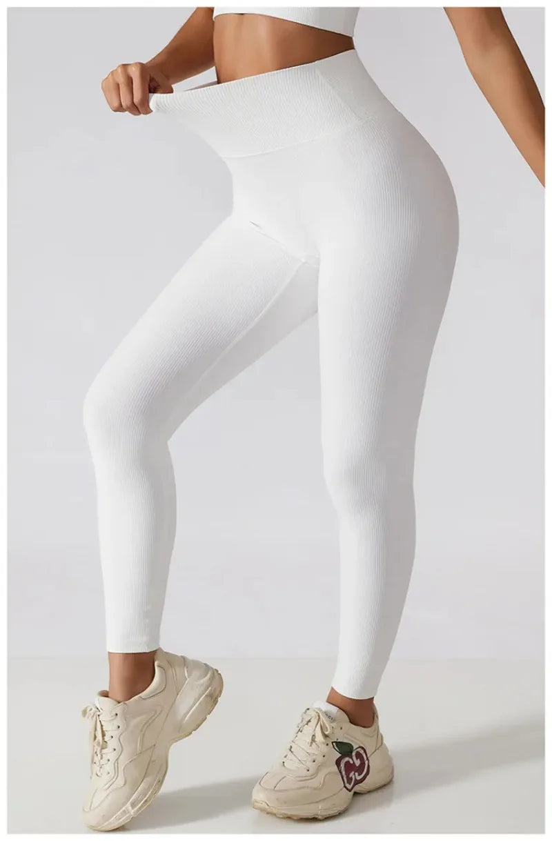 High Waist Yoga Pants Women Seamless Sport Pants Ribbed Knitted Fitness Leggings Solid White Running Pants Quick Dry Gym Leggins