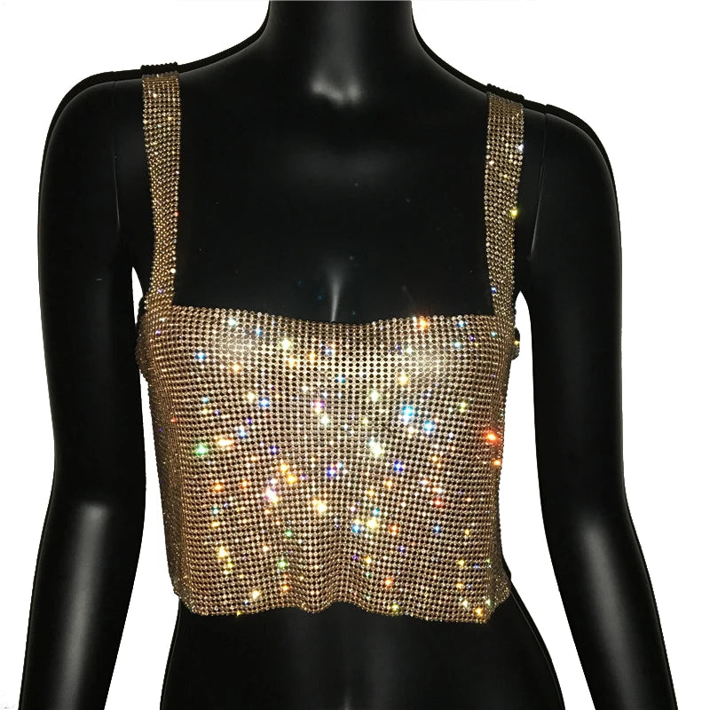 2025 Glitter Nightclub Backless Rhinestone Tank Top Women Sexy Metal Crystal Diamonds Sequined Night Club Party Wear Crop Top