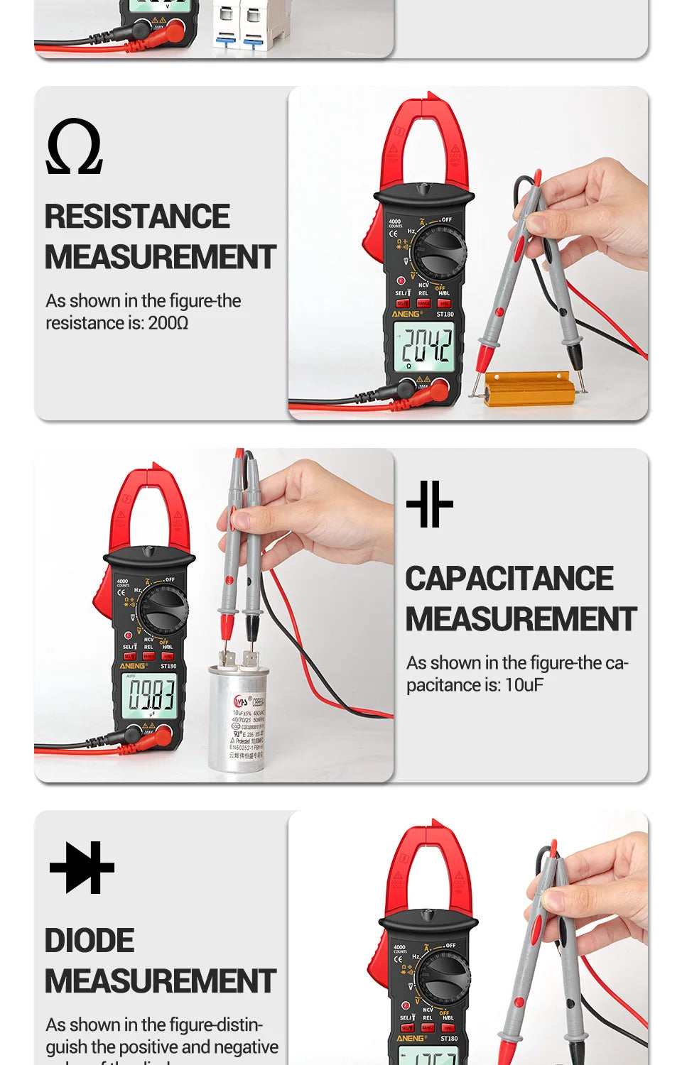 ANENG ST180 AC Current Clamp Meter Digital 4000 Counts Multimeter Ammeter Voltage Tester Car Amp Hz Capacitance NCV Ohm Tool