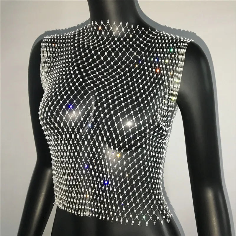 FestivalQueen Sexy Diamonds Mesh Cropped Tank Top Women Summer Cover Up Bikini See Through Rhinestone Net Party Club Crop Top