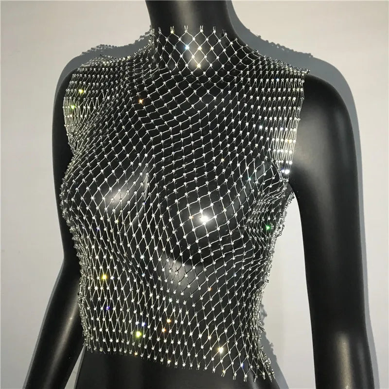 FestivalQueen Sexy Diamonds Mesh Cropped Tank Top Women Summer Cover Up Bikini See Through Rhinestone Net Party Club Crop Top