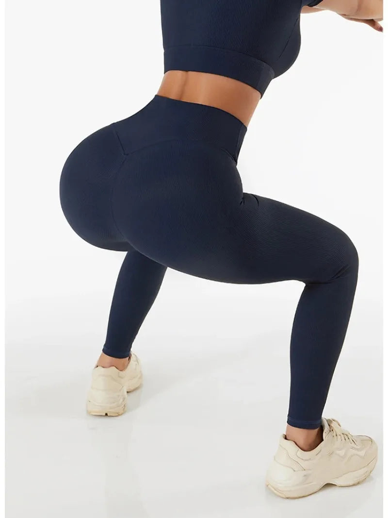High Waist Yoga Pants Women Seamless Sport Pants Ribbed Knitted Fitness Leggings Solid White Running Pants Quick Dry Gym Leggins