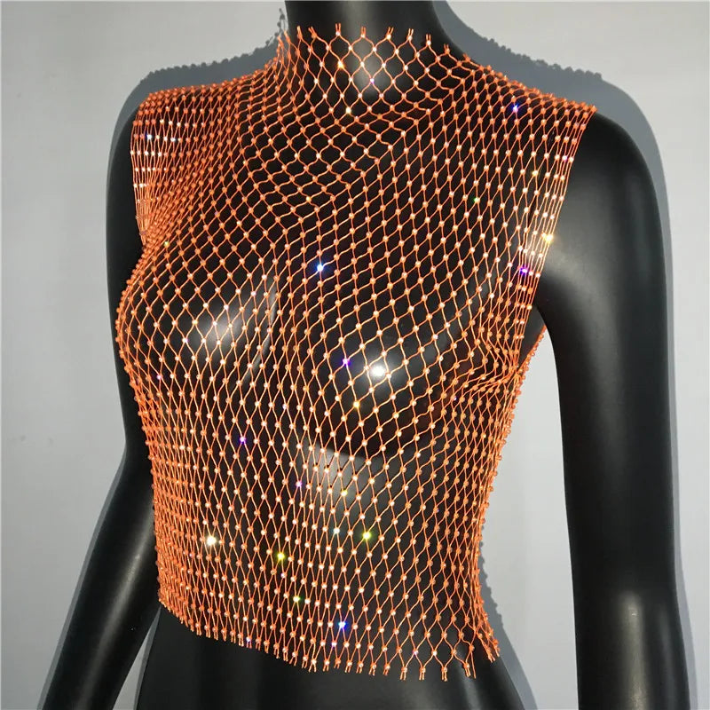 FestivalQueen Sexy Diamonds Mesh Cropped Tank Top Women Summer Cover Up Bikini See Through Rhinestone Net Party Club Crop Top