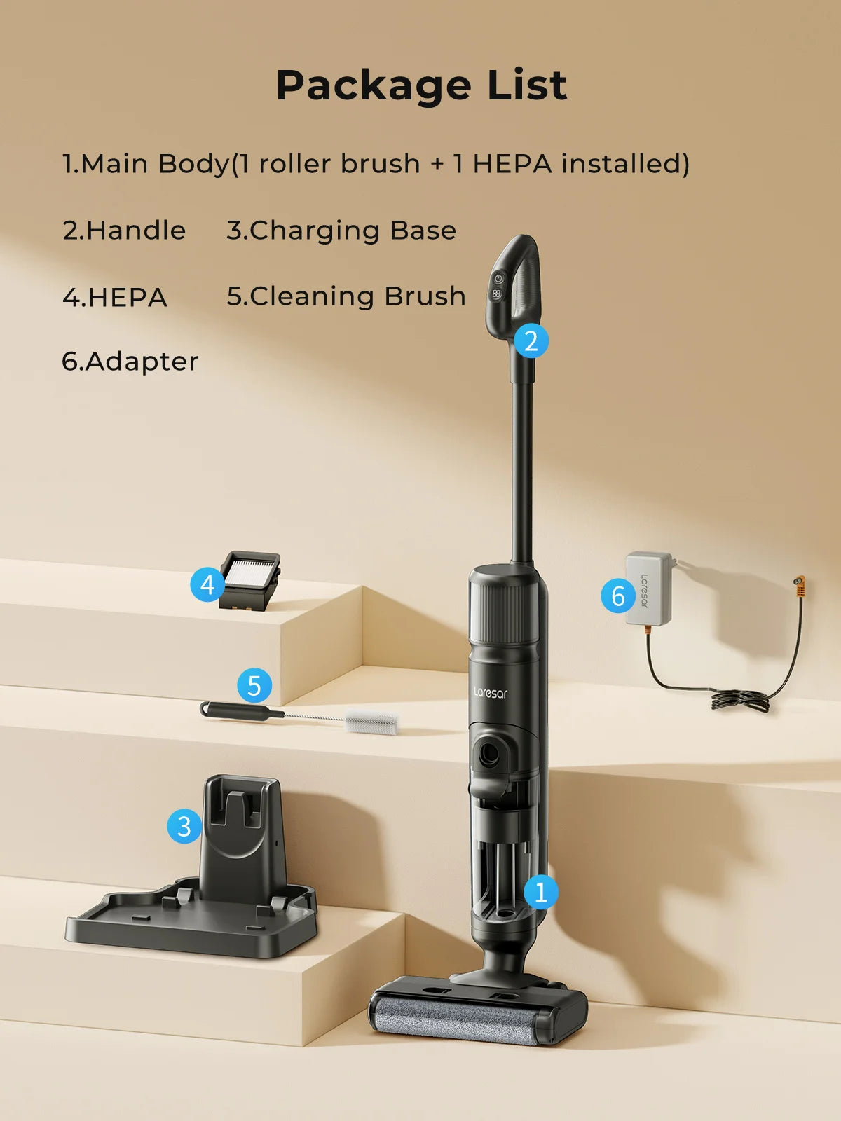 Laresar M3 Cordless Wet Dry Vacuum Cleaner Mop, Edge Cleaning 55min Auto Suction Floor Washer Self-Cleaning Smart Home Appliance